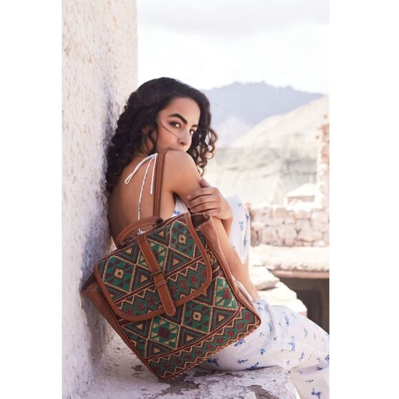 Myra Bag Handmade Dot  Backpack Upcycled Canvas & Cowhide Leather - Picture 1 of 9
